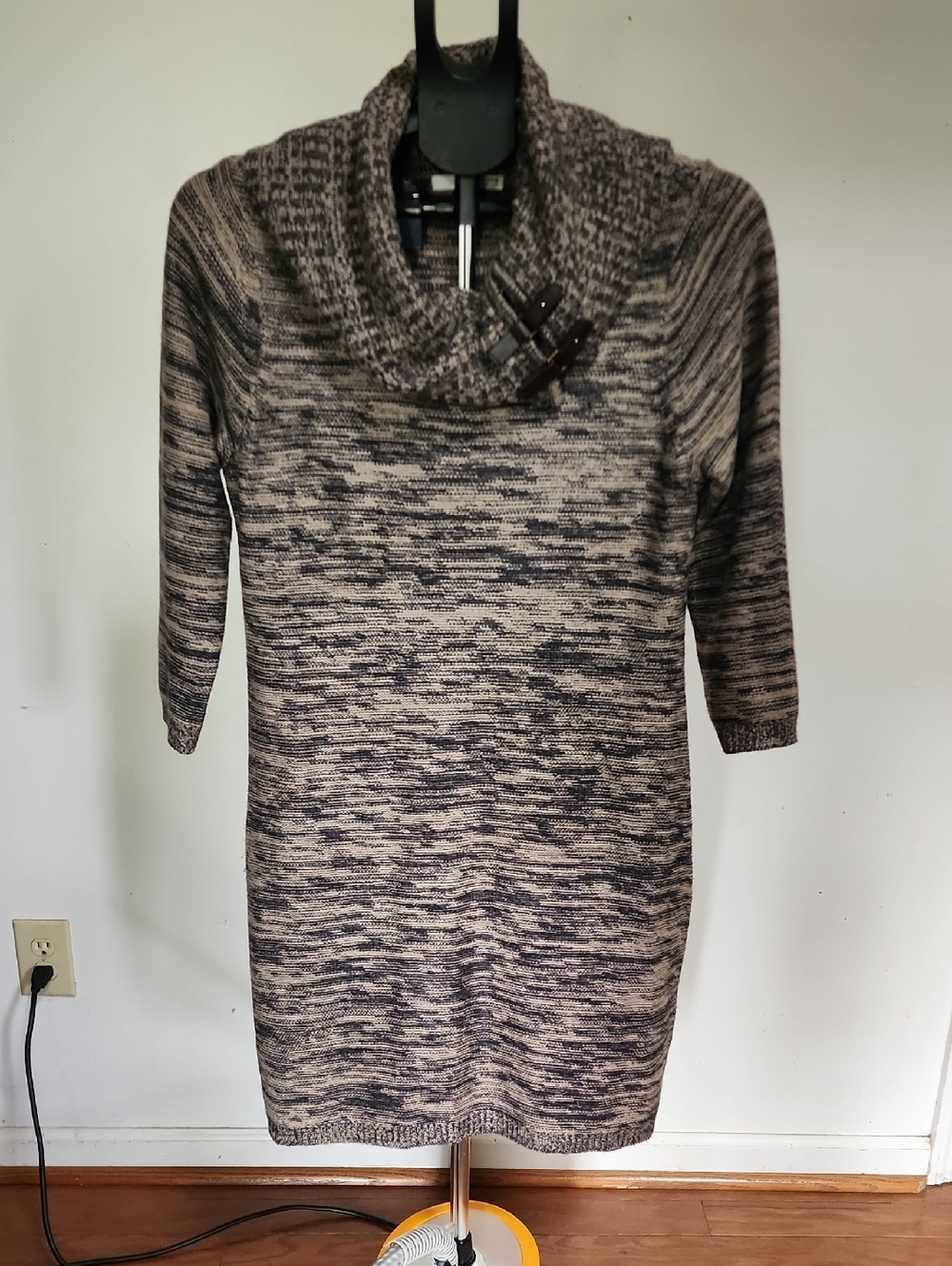 Studio One Marled Taupe and Black Cowl-Neck Sweater Dress